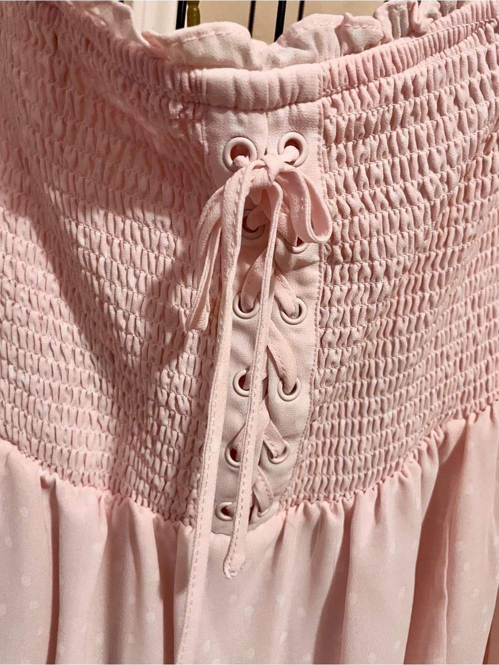 Light Pink Smocked Lace-Up Babydoll Blouse - Picture 6 of 10